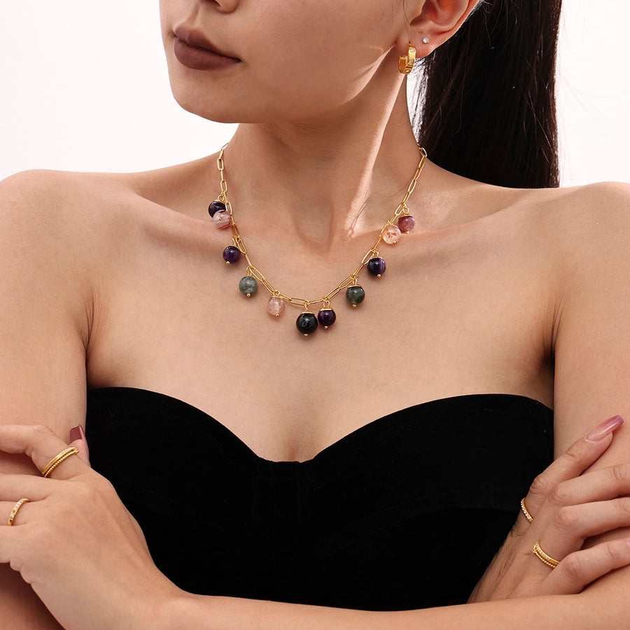 Jewelry Elegant Round 304 Stainless Steel Natural Stone 18K Gold Plated Plating Inlay Pendant Necklace