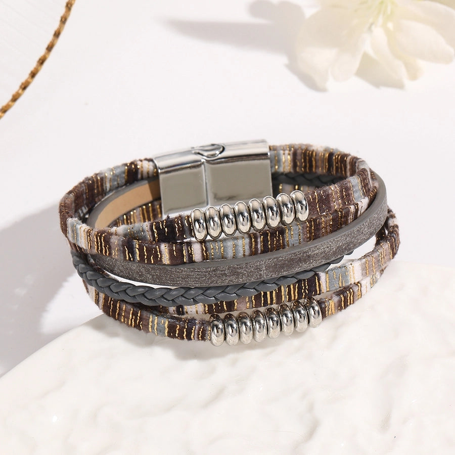 Ethnic Style Bohemian Tropical Colorful Rainbow Pu Leather Alloy Woven Chain Wrap Bracelets