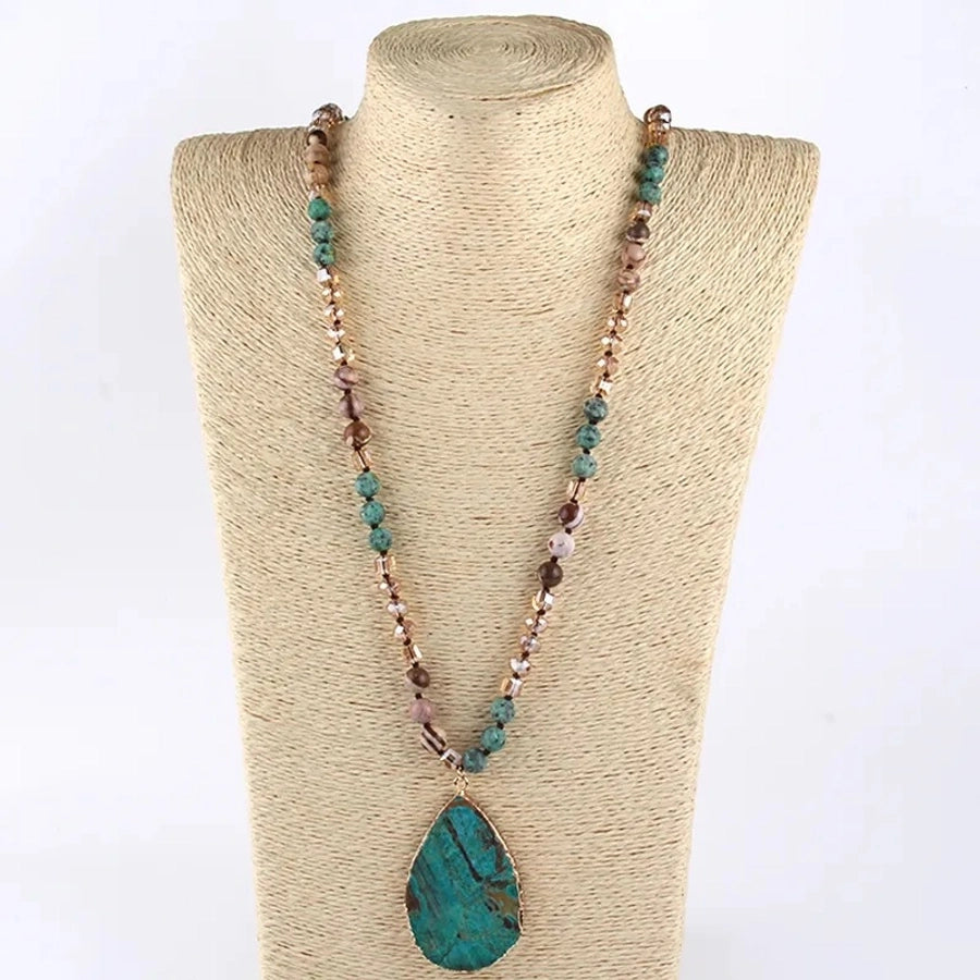 Retro Water Droplets Semi-precious stone natural stone Glass Beaded Chain Pendant Necklace In Bulk Natural stone necklace