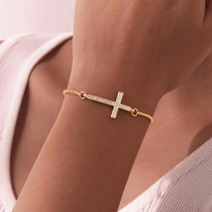 Jewelry IG Style Cross Copper Zircon 18K Gold Plated Inlay Bracelets