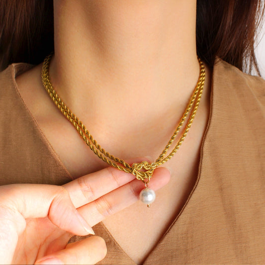Jewelry Elegant Simple Style Twist 304 Stainless Steel Pearl 18K Gold Plated Plating Inlay Double Layer Necklaces