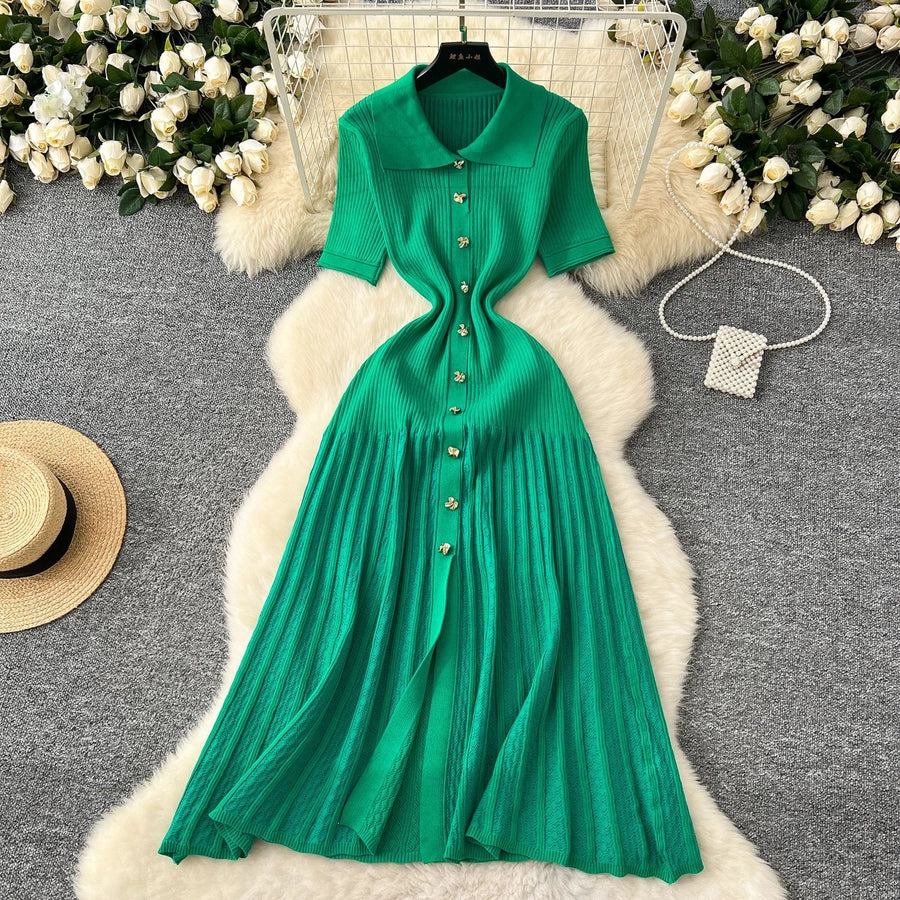 Women's Sheath Dress Simple Style Turndown Button Short Sleeve Solid Color Midi Dress Holiday