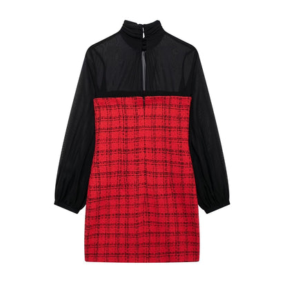 Women's Sheath Dress Elegant Sexy High Neck Lace Long Sleeve Color Block Plaid Above Knee Banquet Daily