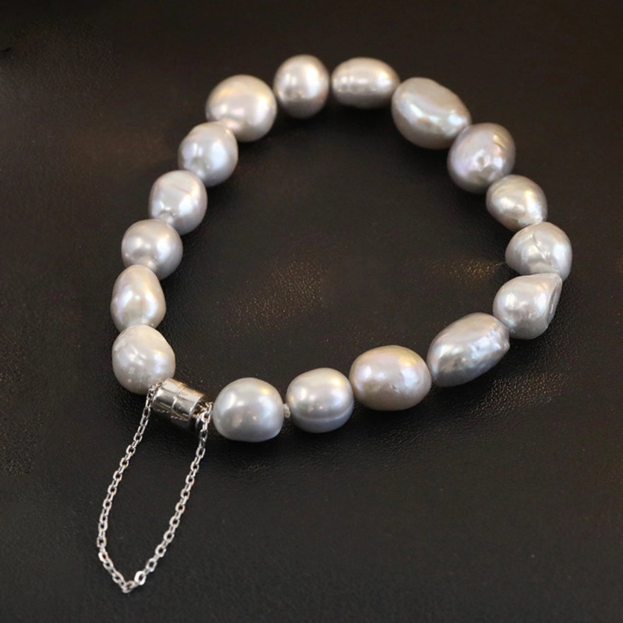 925 Sterling Silver Freshwater Pearl Beaded Chain Bracelets Casual Classic Style