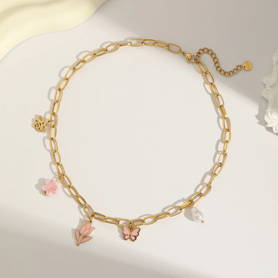 Jewelry Sweet Simple Style Flower Butterfly 304 Stainless Steel Imitation Pearl 18K Gold Plated Enamel Jewelry Set