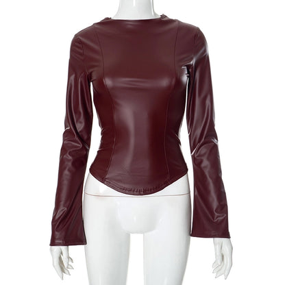 Women's Leather Jacket Long Sleeve T-Shirts Streetwear Solid Color