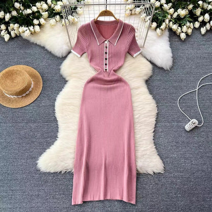 Women's Sheath Dress Elegant Turndown Short Sleeve Stripe Midi Dress Daily