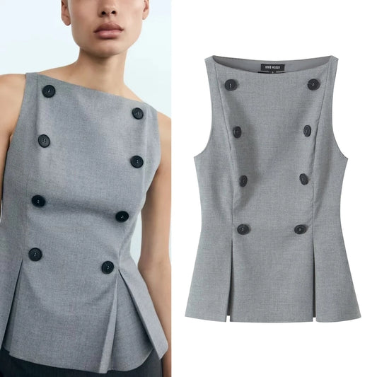 Women's Elegant Solid Color Double Breasted Vest Casual Jacket