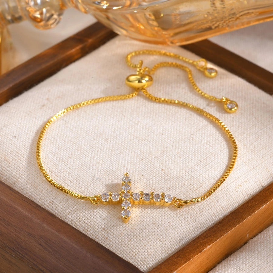 Jewelry IG Style Cross Copper Zircon 18K Gold Plated Inlay Bracelets