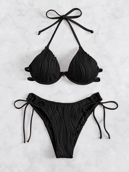 Women's Solid Color Stripe 2 Pieces Set Bikinis Swimwear