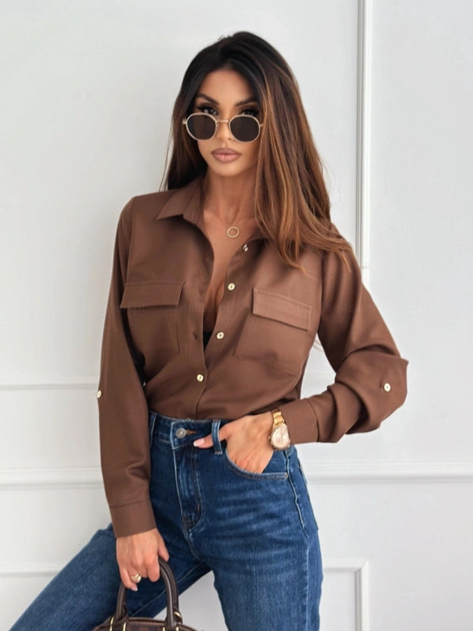 Blouse Long Sleeve Blouses Button Streetwear Solid Color