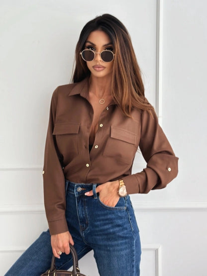 Blouse Long Sleeve Blouses Button Streetwear Solid Color