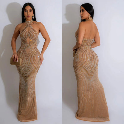 Women's Sheath Dress Elegant Halter Neck Sleeveless Solid Color Maxi Long Dress Cocktail Party