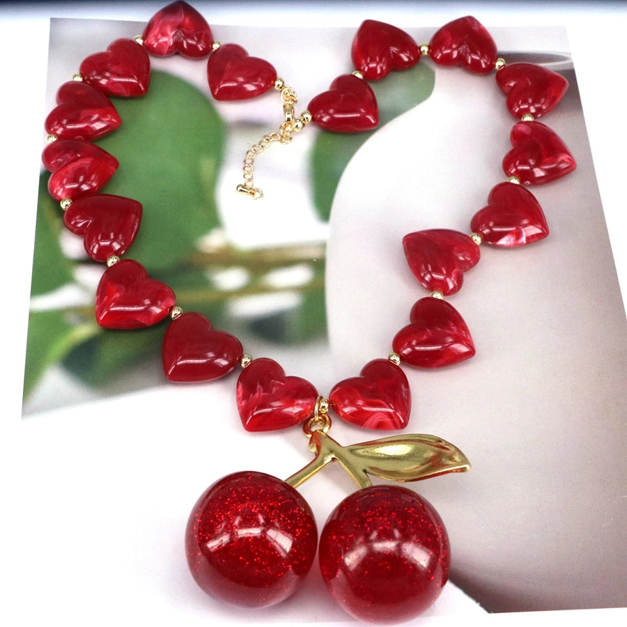 Jewelry Elegant Cherry Heart Shape Resin Copper 18K Gold 18K Gold Plated Plating Pendant Necklace