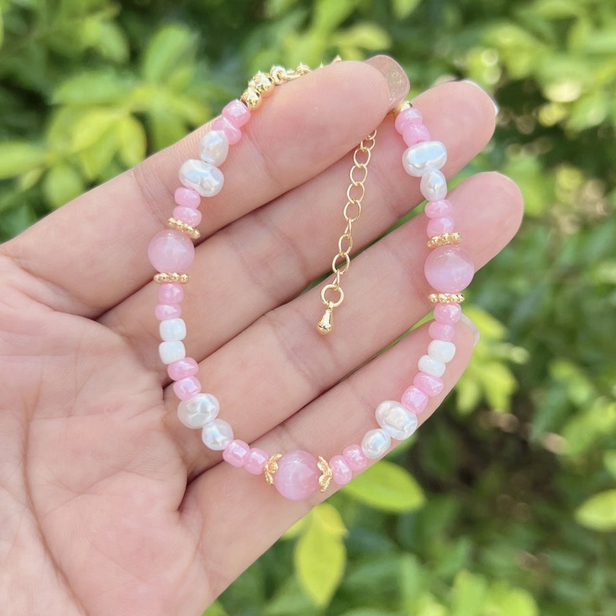 Sweet Flower Butterfly Bow Knot 18K Gold Plated Zircon Imitation Pearl Copper ball chain Beaded Bracelets