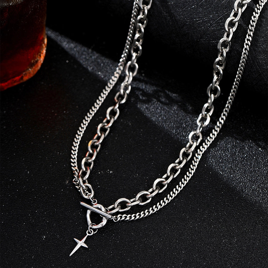 Hip-Hop Cross 304 Stainless Steel Toggle Men's Double Layer Necklaces
