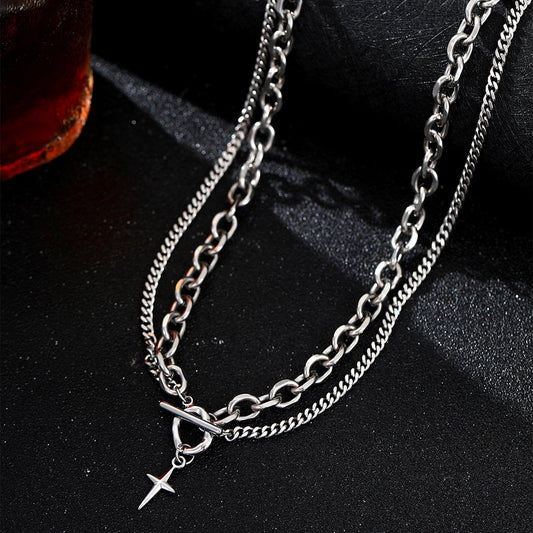 Hip-Hop Cross 304 Stainless Steel Toggle Men's Double Layer Necklaces