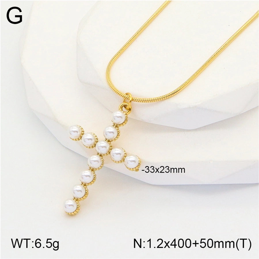 Jewelry Casual Vintage Style Classic Style Cross 304 Stainless Steel Artificial Pearls 18K Gold Plated Inlay Pendant Necklace