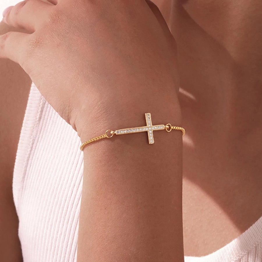 Jewelry IG Style Cross Copper Zircon 18K Gold Plated Inlay Bracelets