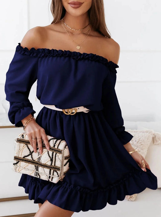 women's regular dress fashion off shoulder patchwork long sleeve solid color above knee daily