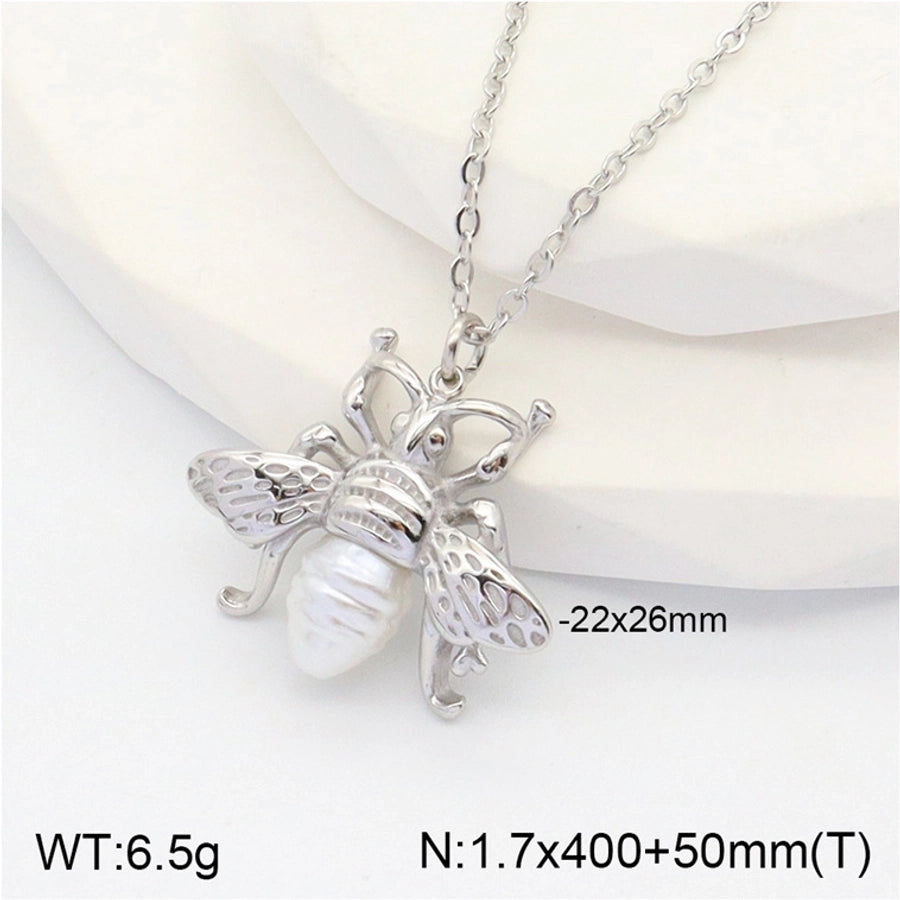 Jewelry Casual Elegant Cute letter Bee Butterfly 304 Stainless Steel Artificial Pearls Rhinestones 18K Gold Plated Inlay Pendant Necklace