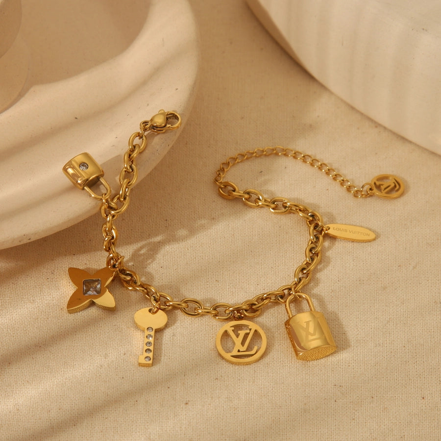 Retro Simple Style Commute Geometric 304 Stainless Steel 18K Gold Plated Zircon cable chain Bracelets In Bulk Stainless Steel Bracelets