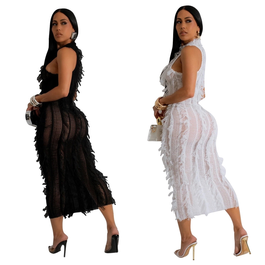 Women's Sheath Dress Elegant Round Neck Feather Sleeveless Mesh Midi Dress Banquet