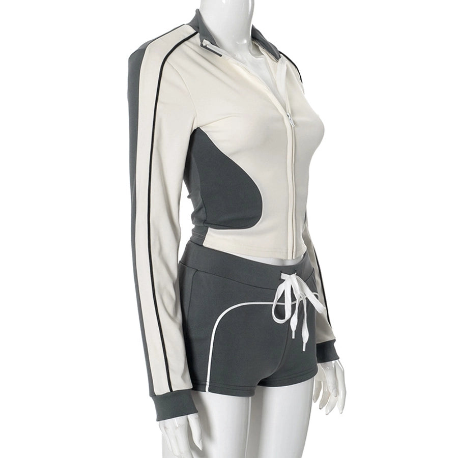 Daily Women's Streetwear Contrast Collar Spandex Polyester Twilled Satin Shorts Sets Shorts Sets