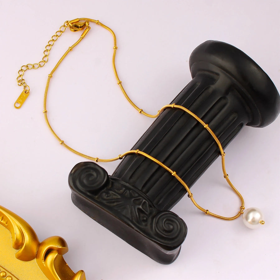 Jewelry IG Style Simple Style Round 304 Stainless Steel Pearl 18K Gold Plated Plating Inlay Pendant Necklace