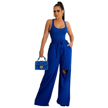 women's streetwear solid color spandex polyester twilled satin patchwork ripped pants sets