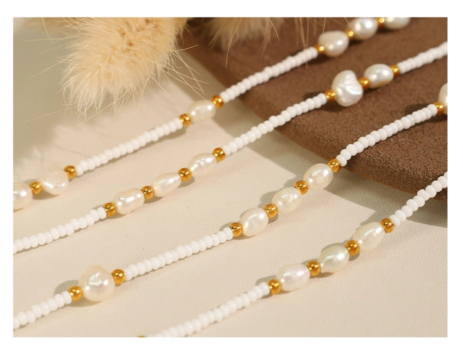 Jewelry Vintage Style Luxurious French Style Round Titanium Steel Freshwater Pearl Glass Stone 18K Gold Plated Beaded Polishing Plating Necklace