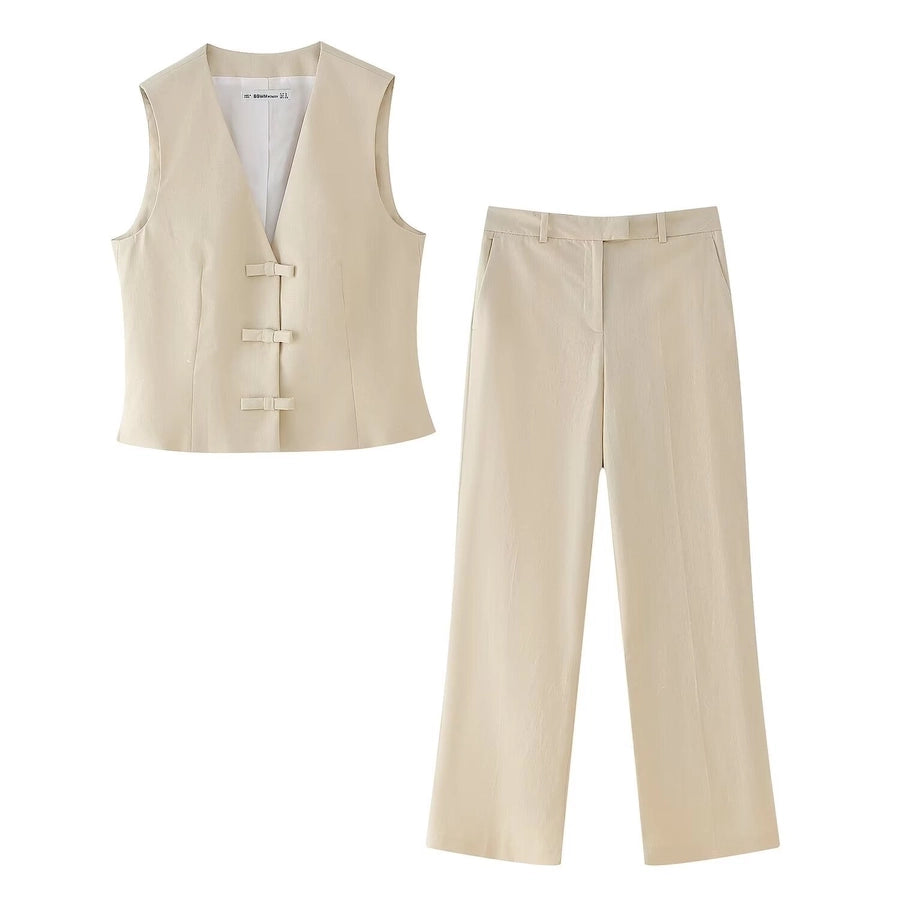 Business Women's British Style Solid Color Polyester Button Pants Sets Pants Sets