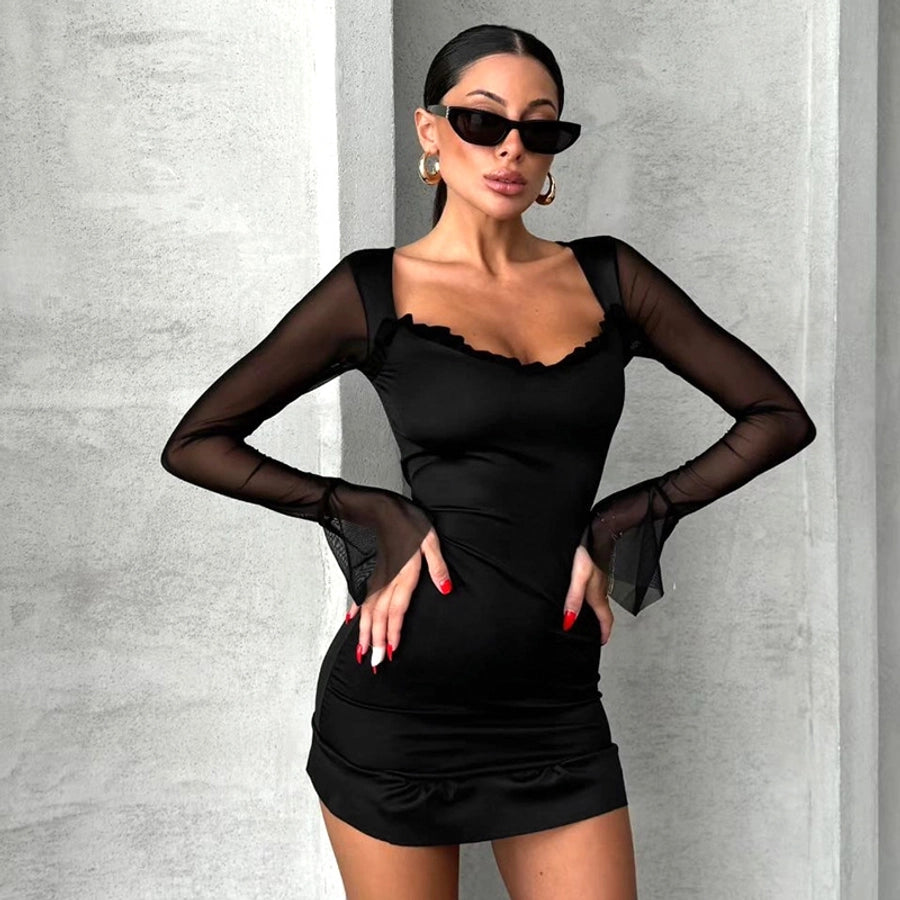 Women's Hip skirt Streetwear U Neck Ruffles Long Sleeve Solid Color Above Knee Holiday