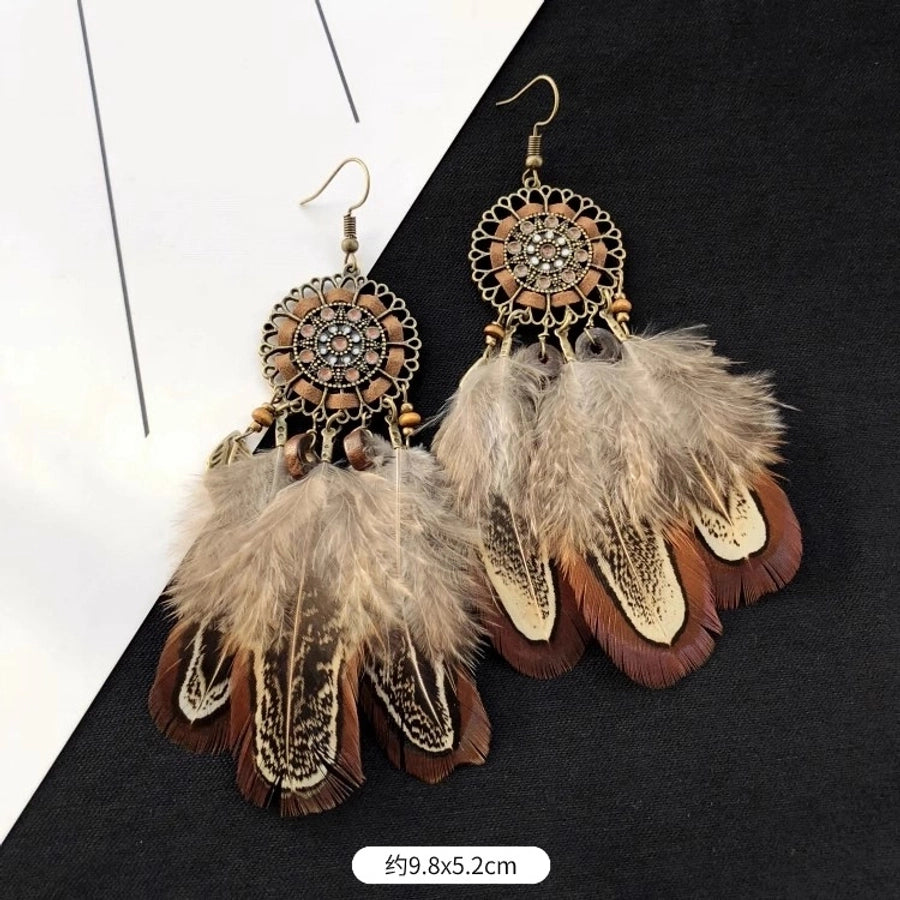 1 Pair Vintage Style Geometric Tassel Alloy Feather Drop Earrings