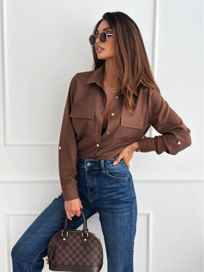 Blouse Long Sleeve Blouses Button Streetwear Solid Color