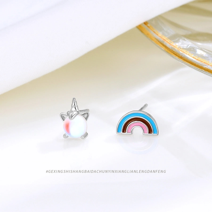 s925 Sterling Silver Rainbow  Moonstone stud earrings elegant niche cute jewelry small asymmetric earrings for women