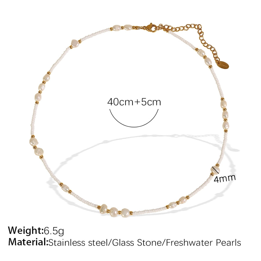 Jewelry Vintage Style Luxurious French Style Round Titanium Steel Freshwater Pearl Glass Stone 18K Gold Plated Beaded Polishing Plating Necklace