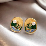 Silver Needle: Oval Drop Oil Wheat Pearl Stud Earrings