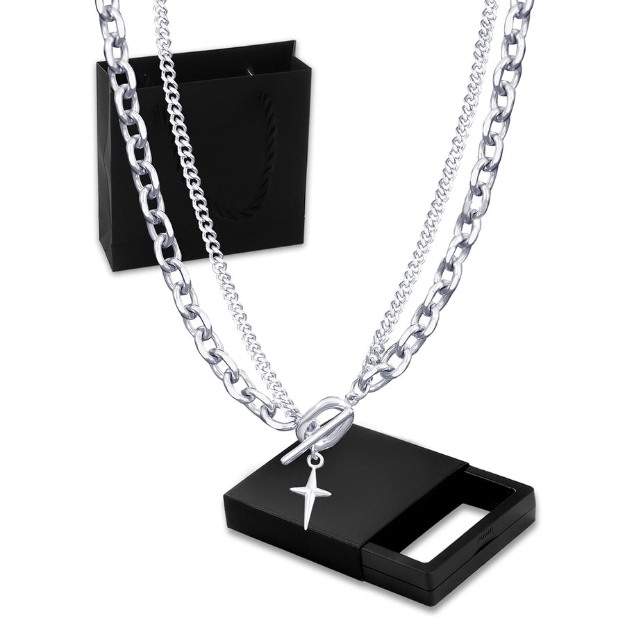 Hip-Hop Cross 304 Stainless Steel Toggle Men's Double Layer Necklaces