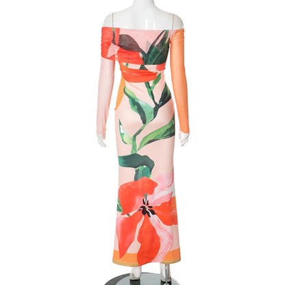 Women's Sheath Dress Vacation Strapless Long Sleeve Flower Maxi Long Dress Travel