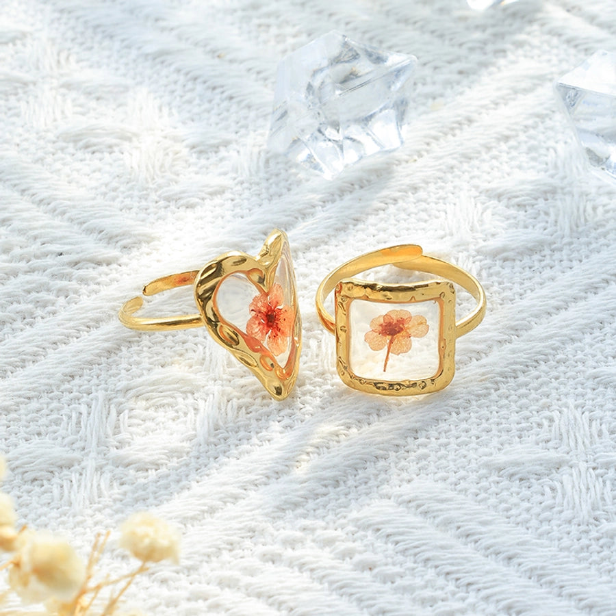 Jewelry French Style Sweet Commute Heart Shape Flower 304 Stainless Steel 14K Gold Plated Open Rings