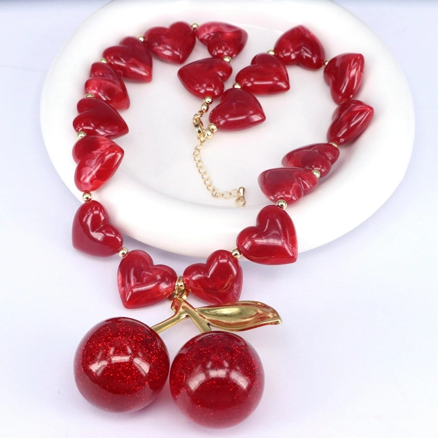 Jewelry Elegant Cherry Heart Shape Resin Copper 18K Gold 18K Gold Plated Plating Pendant Necklace