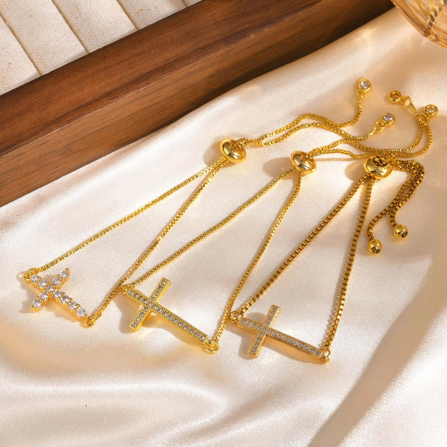 Jewelry IG Style Cross Copper Zircon 18K Gold Plated Inlay Bracelets