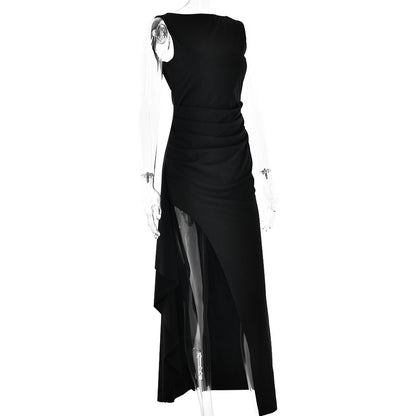 Women's Slit Dress Elegant Sexy Round Neck Backless Sleeveless Solid Color Maxi Long Dress Holiday Cocktail Party