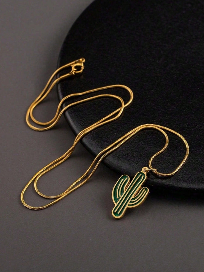 1Pc Men's Stainless Steel Gold Necklace Plant Green Cactus Pendant Necklace Unique Men's Gift Suitable for Daily Match Party Decoration Accessories