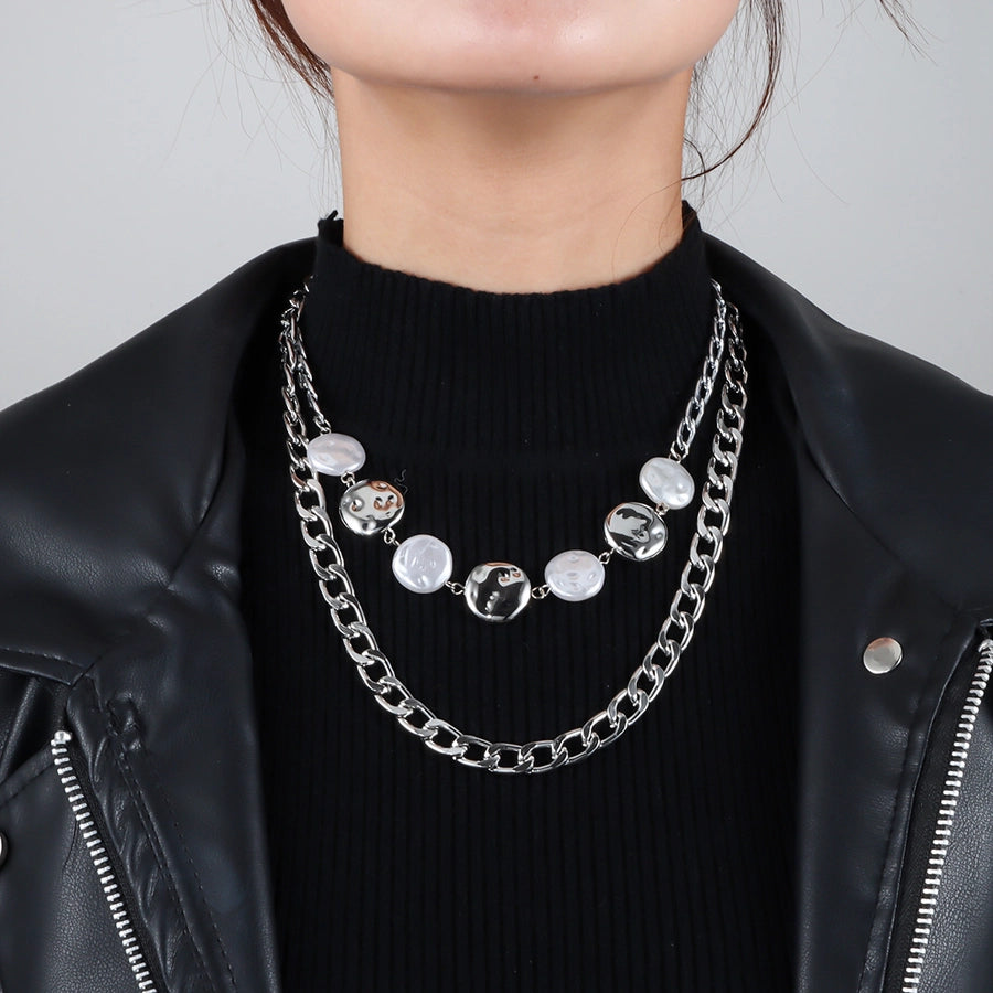 Retro Punk Geometric Alloy Beaded Chain Layered Necklaces