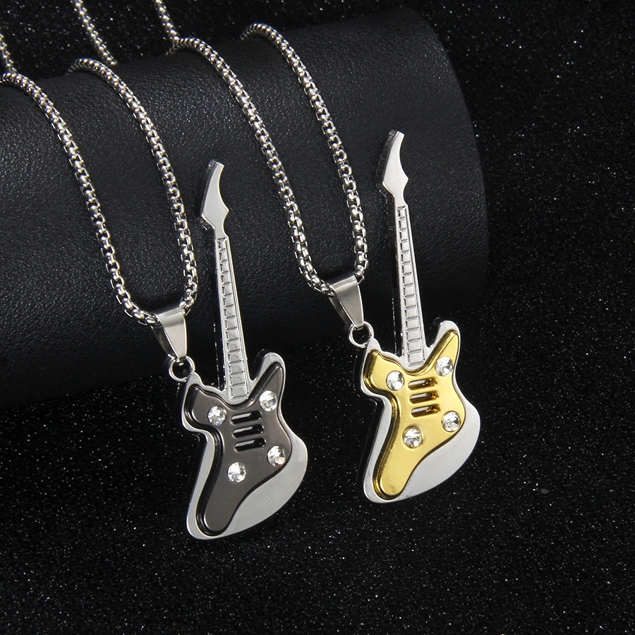 Rock Guitar 201 Stainless Steel Alloy Inlay Rhinestones Unisex Pendant Necklace