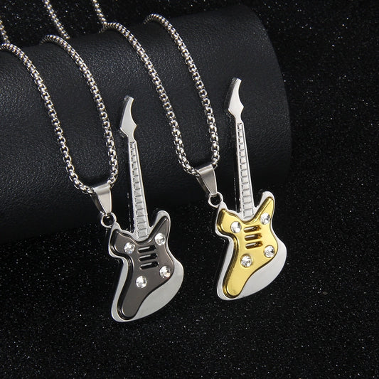 Rock Guitar 201 Stainless Steel Alloy Inlay Rhinestones Unisex Pendant Necklace