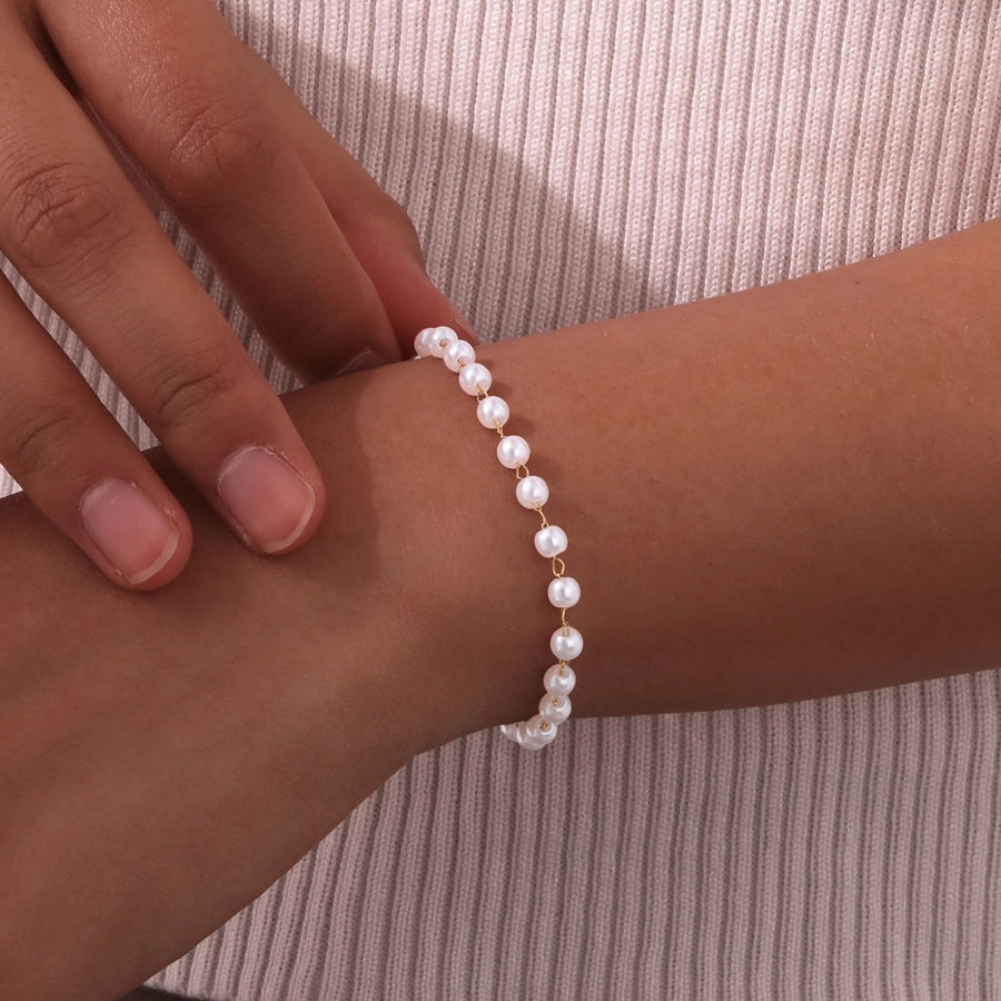 IG Style Geometric 18K Gold Plated Artificial Pearl Copper Beaded Chain Beaded Bracelets