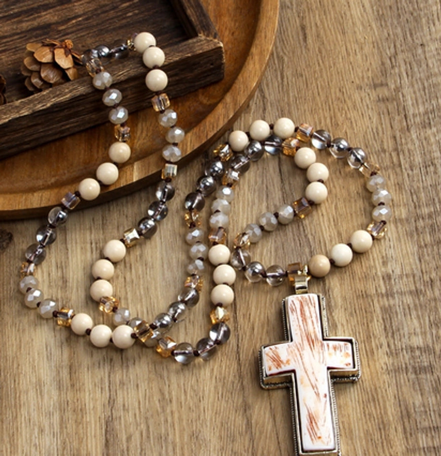 Retro Geometric Cross Semi-precious stone Alloy Resin Beaded Chain Pendant Necklace Long Necklace In Bulk Natural stone necklace